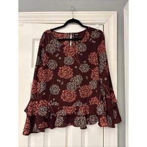 A.N.A. Burgundy Sheer Ruffled Top Blouse Long Bell Sleeves Sz XL. Work. Office